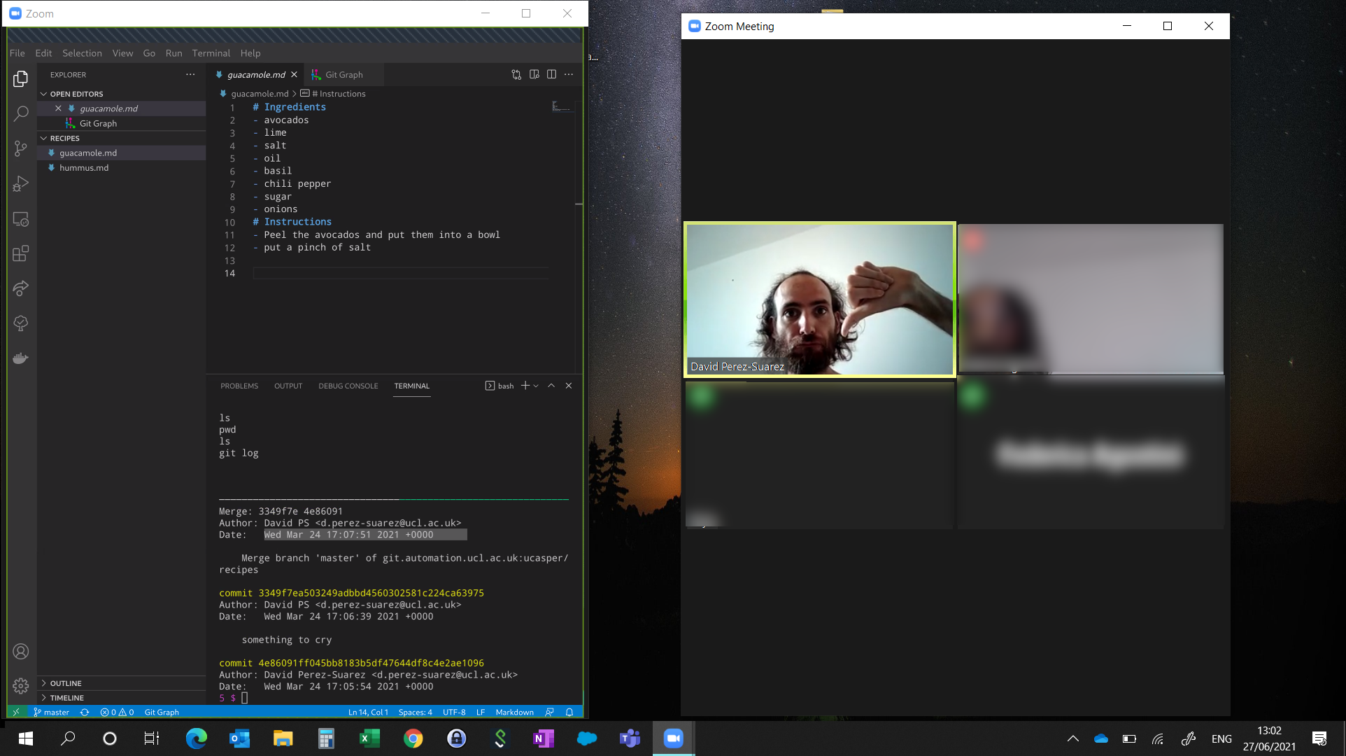 Zoom desktop app with the dual-monitor feature enabled, left half showing the shared content and the right half shows the video participants