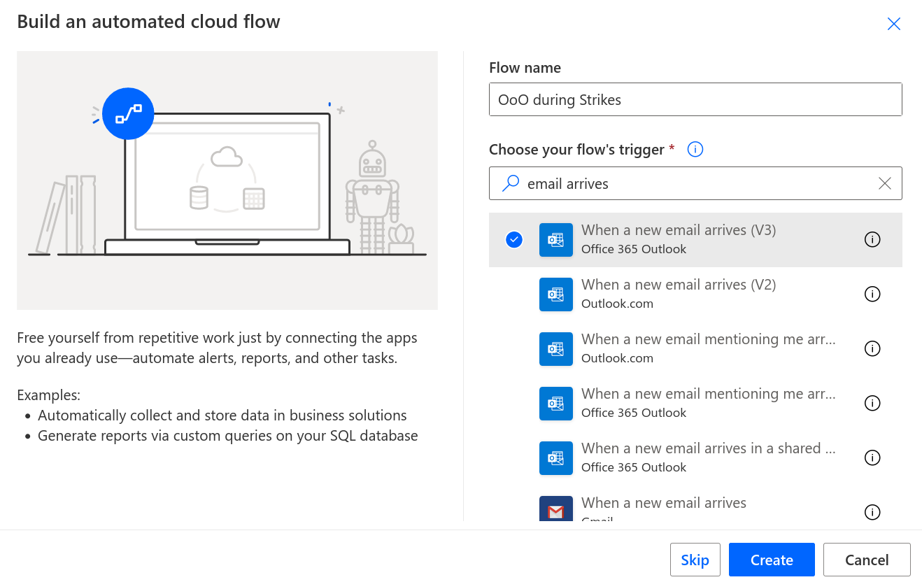 Power automate trigger selection - highlights the “When a new email arrives (V3)” trigger