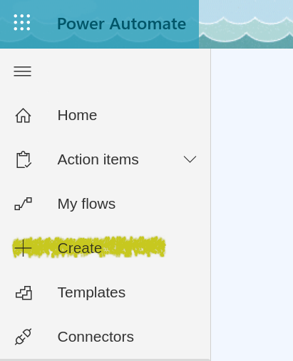 Power automate page with the create button highlighted