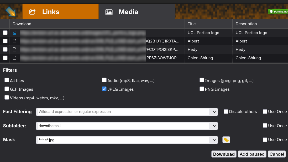 screenshot of downthemall window showing the media tab and a large list of files available to download. Each line contains a link, a title and a description. The Links have been blurred. The titles and descriptions now all say different names.