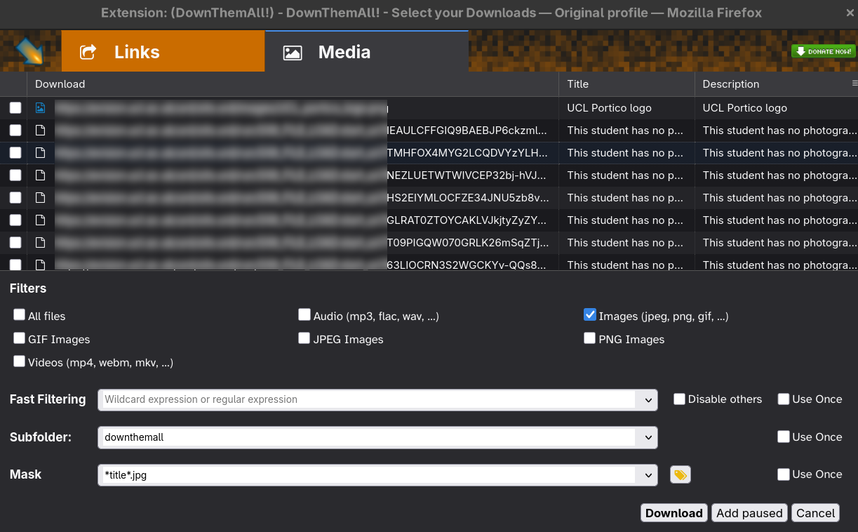 screenshot of downthemall window showing the media tab and a large list of files available to download. Each line contains a link, a title and a description. The Links have been blurred, but the titles and descriptions all say 'This student has no photograph'.